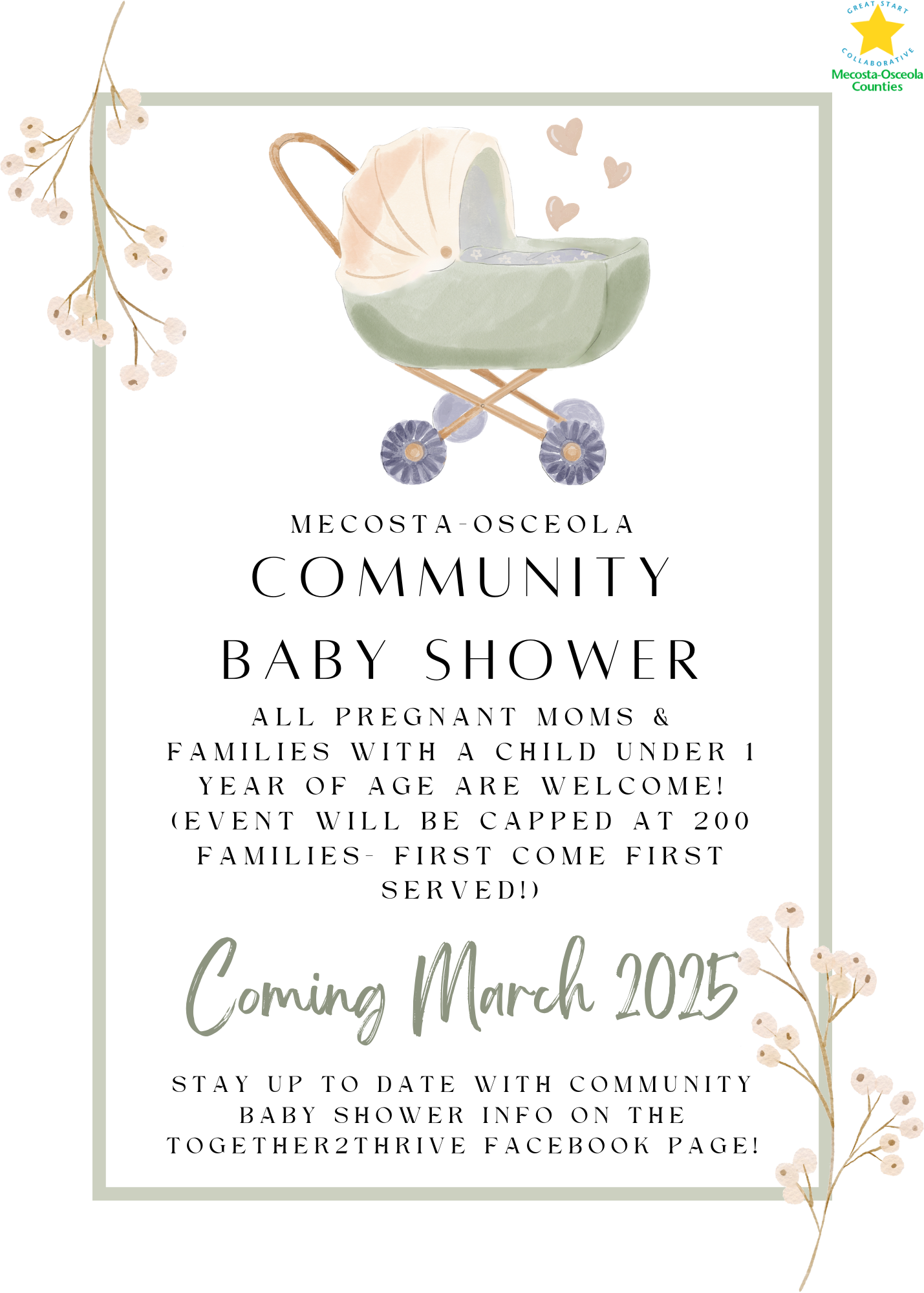 Community Baby Shower coming March 2025. Stay Up to date with Community Baby Shower info on the Together2THRIVE Facebook Page!