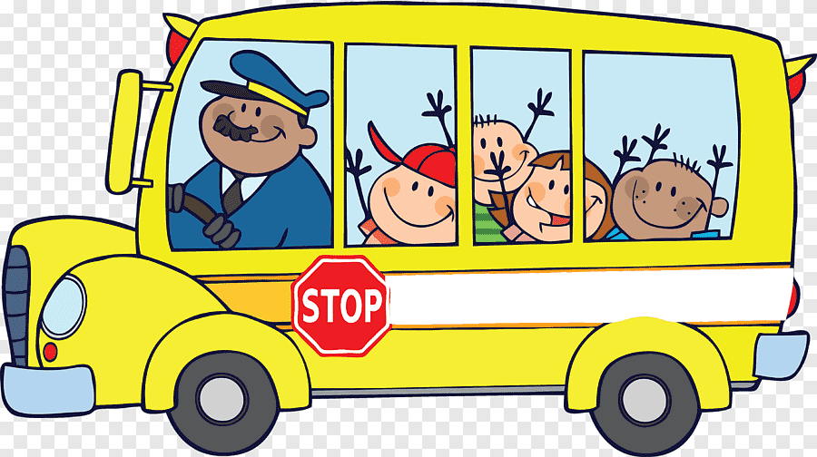 School bus with happy driver and students